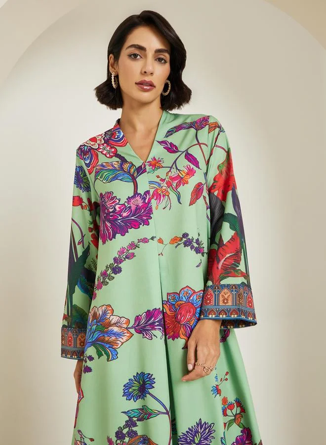 Amirah Women Green Floral Print A-Line Jalabiya